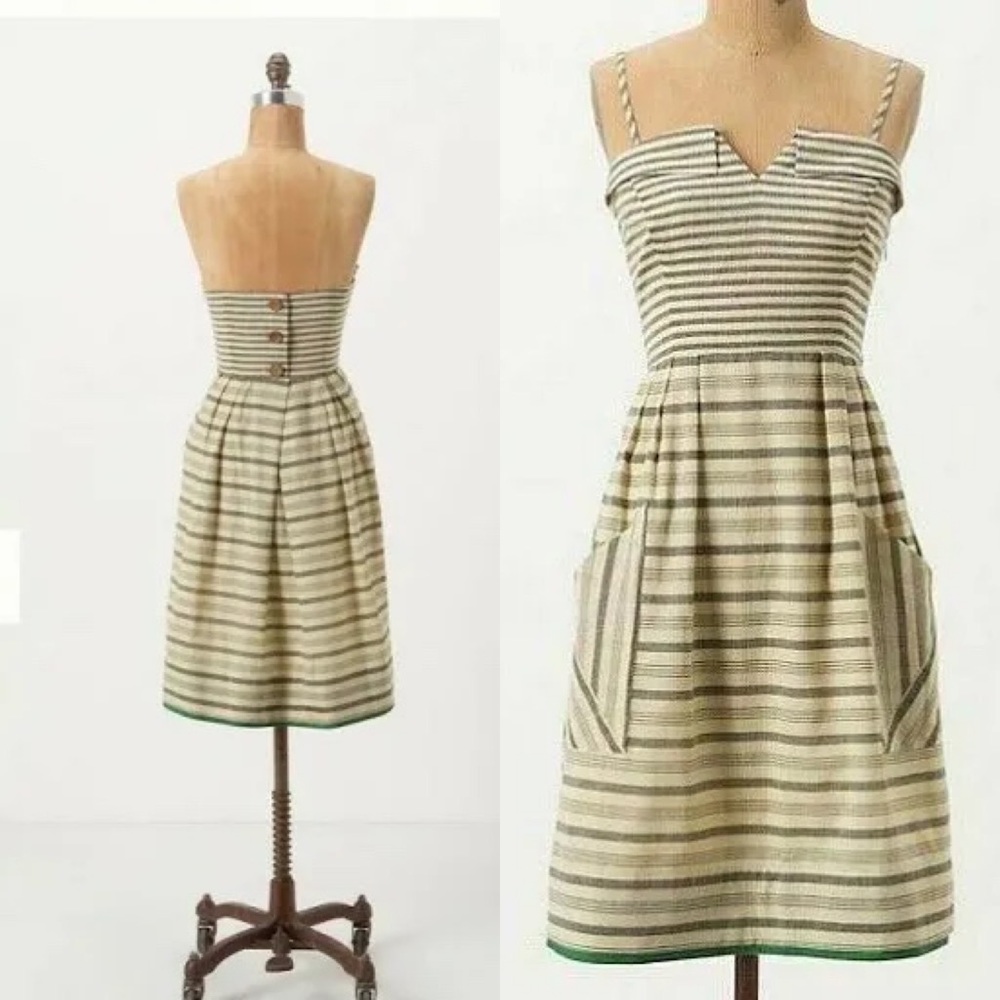 Anthropologie Striped Midi Dress - Cream and Green